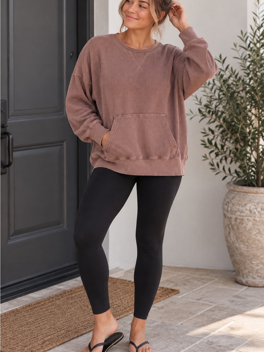Mono B Mauve Relaxed Waffle Pullover Sweatshirt